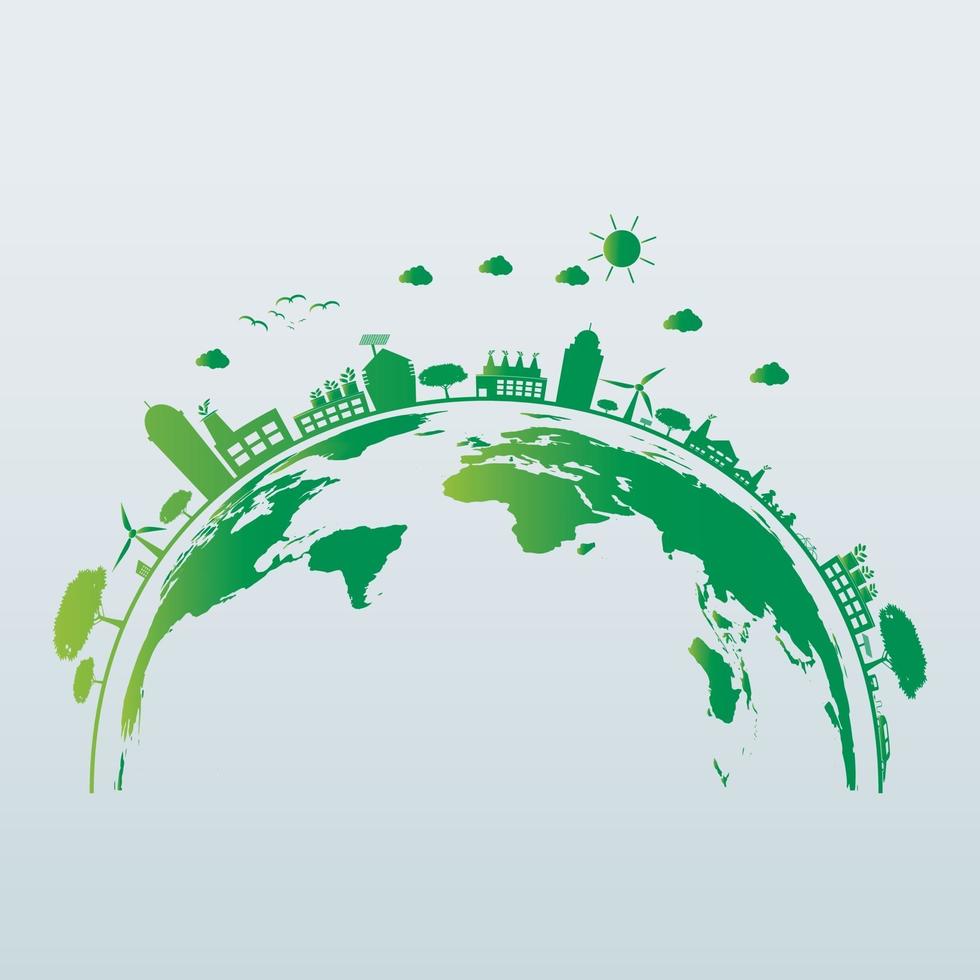 Ecology energy saving light bulb Green cities help the world with eco friendly concept ideas vector