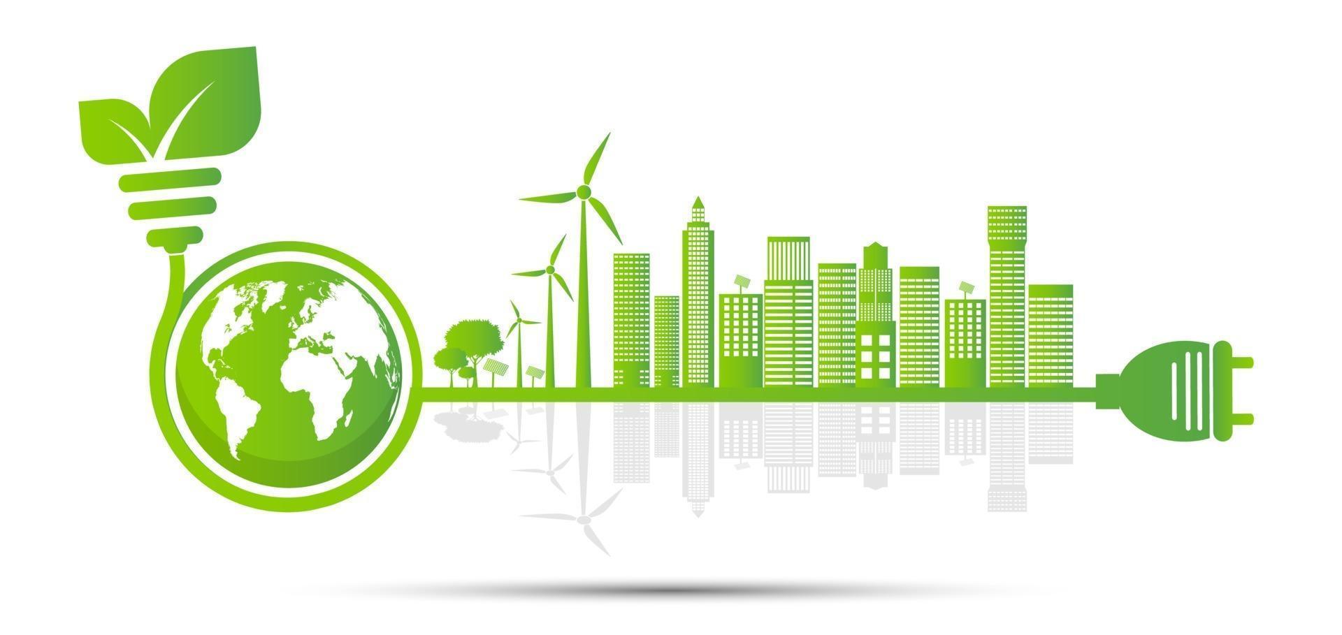 La ecología y el concepto ambiental símbolo de la tierra con hojas verdes alrededor de las ciudades ayudan al mundo con ideas ecológicas vector