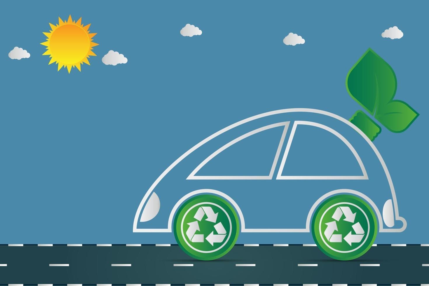 La ecología y el símbolo del coche del concepto del paisaje urbano ambiental con hojas verdes alrededor de las ciudades ayudan al mundo con ideas ecológicas vector