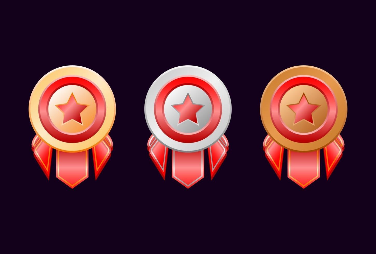 game ui rounded gold silver bronze rank badge medals with red ribbon vector