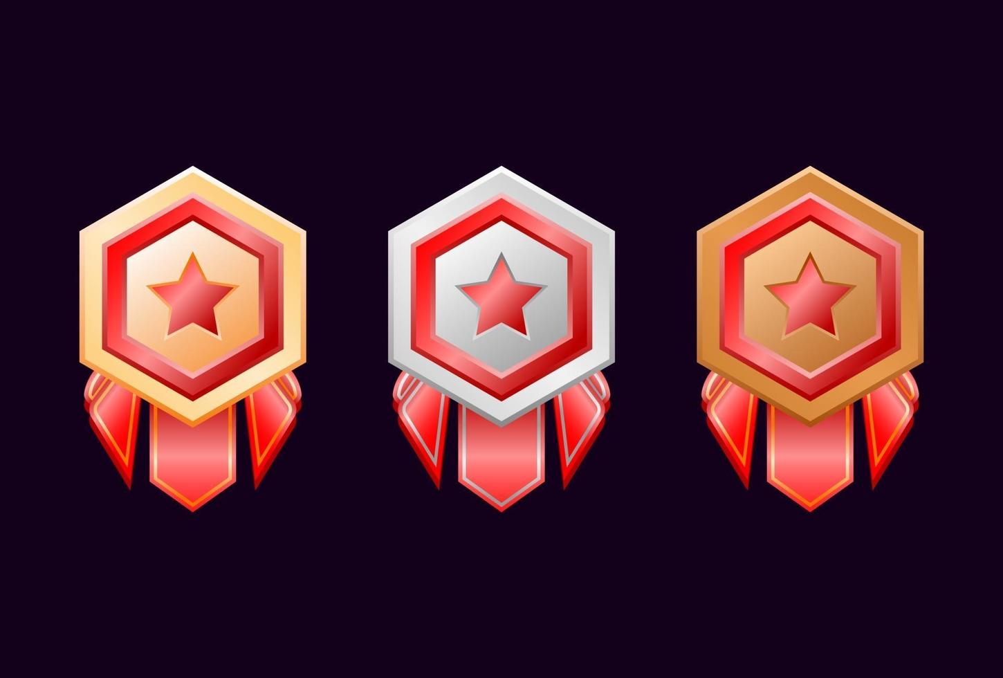 game ui gold silver bronze rank badge medals with red ribbon vector