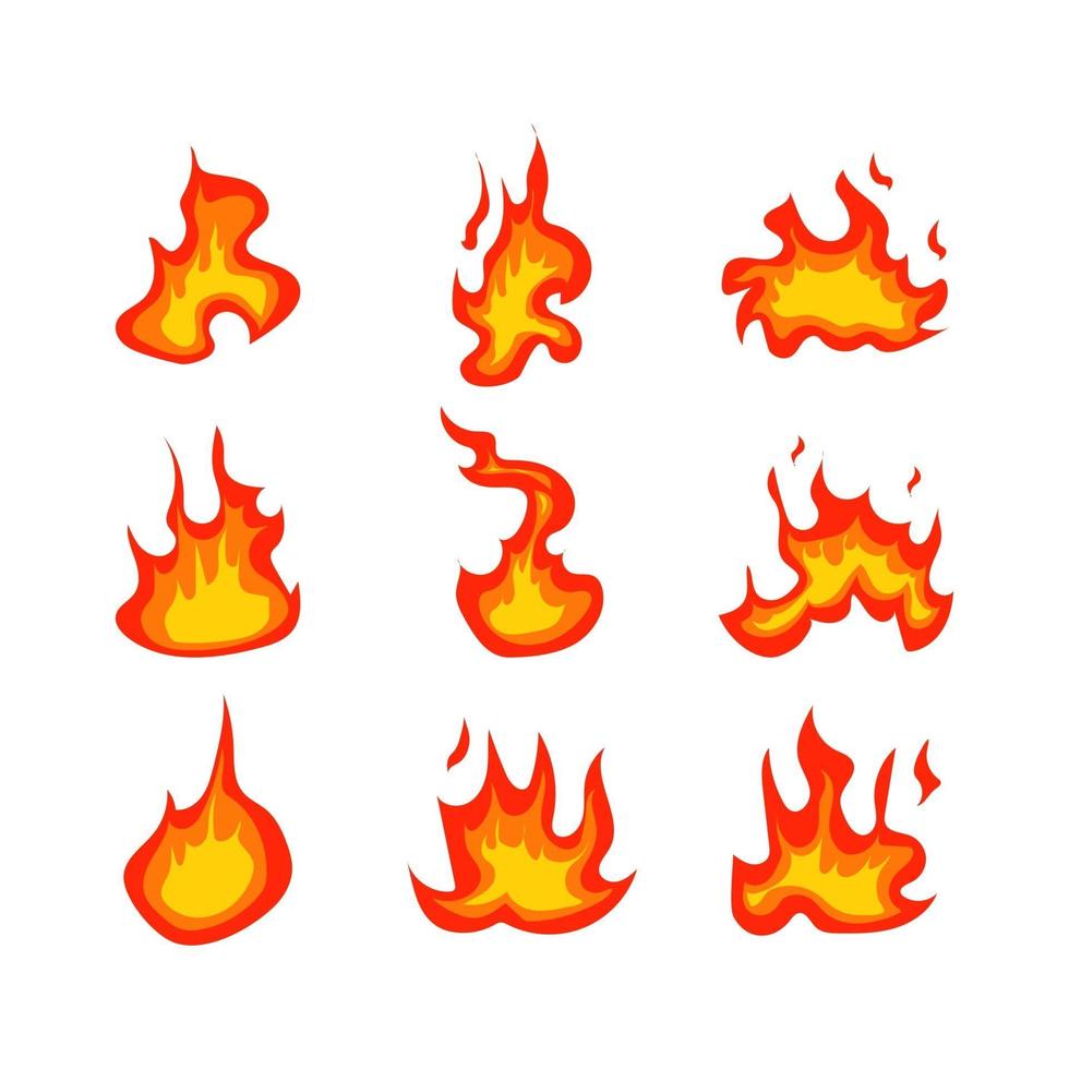conjunto de colección de icono de llama de fuego de dibujos animados vector