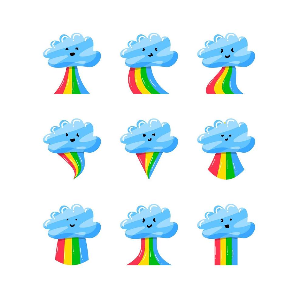 collection set of cute cloud with colorful rainbow in flat hand drawn style vector