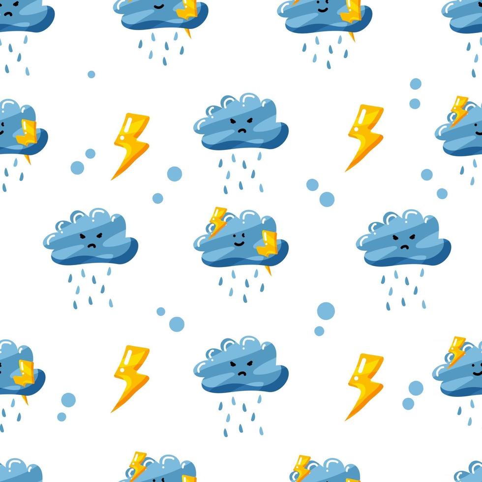 Nube lluviosa con diseño de patrones sin fisuras de trueno con estilo plano dibujado a mano vector