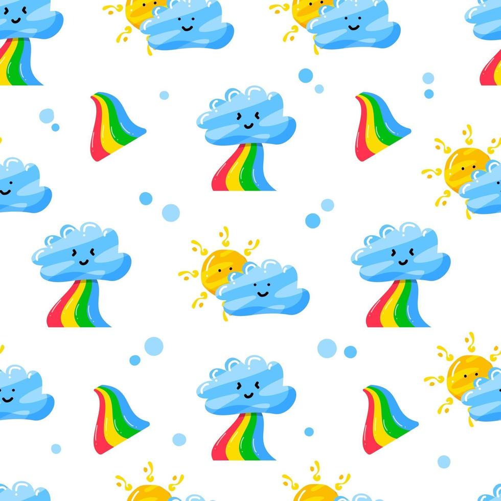 nubes, arco iris y sol, diseño de patrones sin fisuras con estilo plano dibujado a mano vector