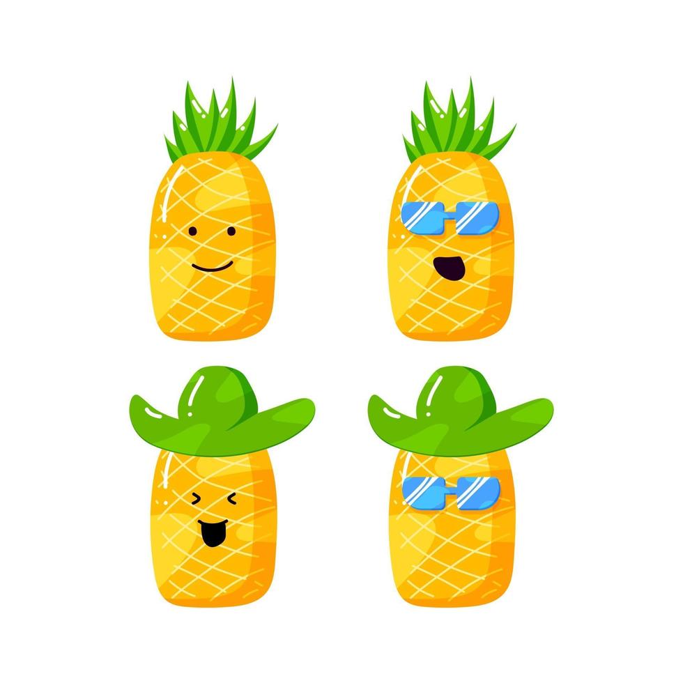 cute summer pineapple cartoon character with flat hand drawn style vector