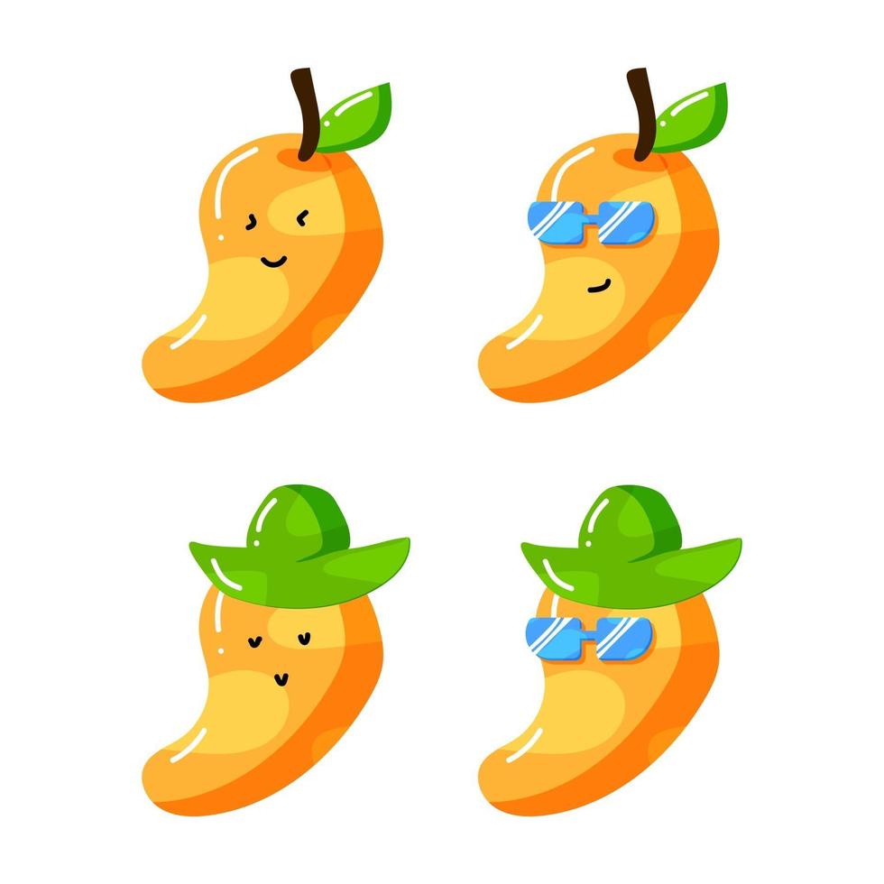 cute summer mango cartoon character with hat and sunglasses in flat hand drawn style vector