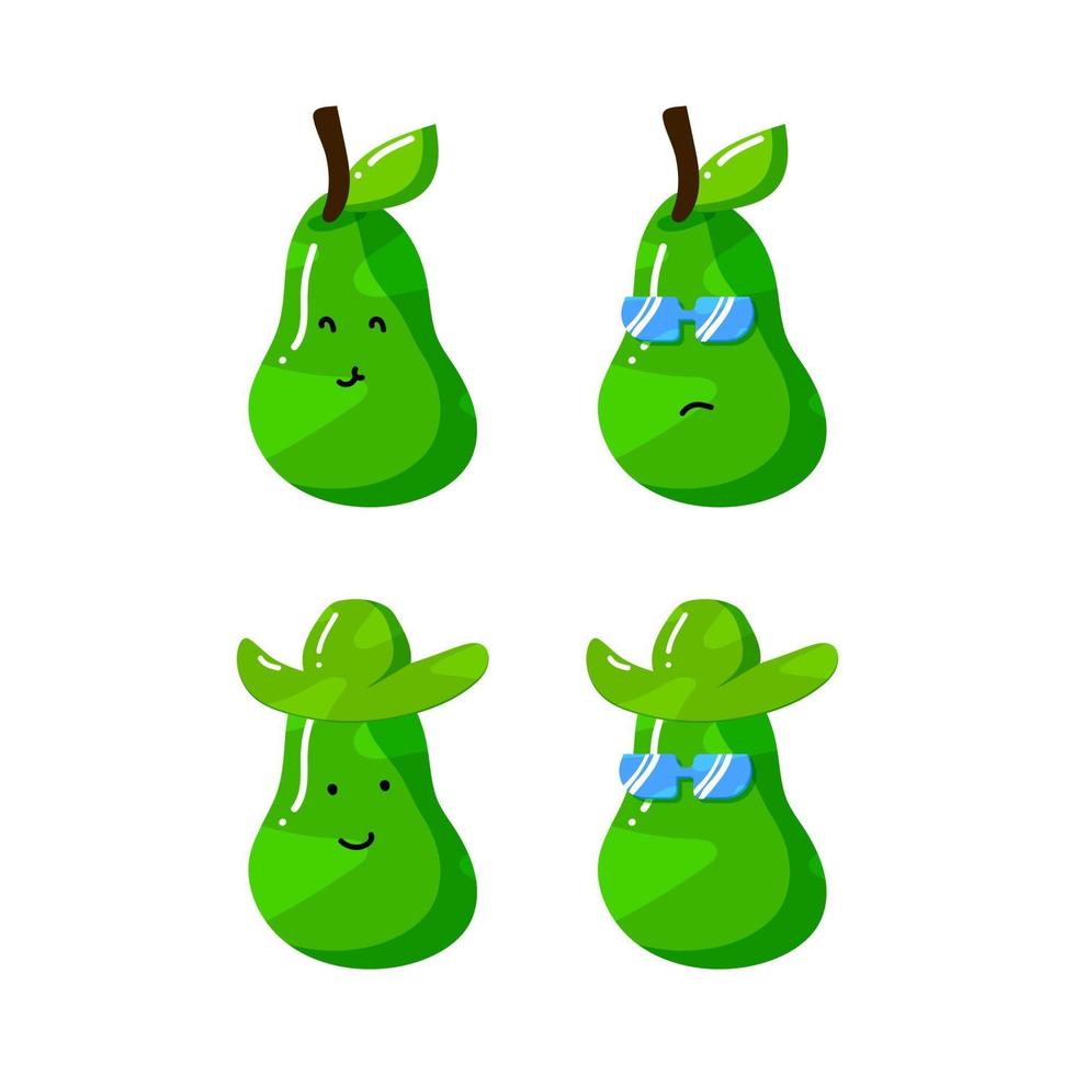 lindo personaje de dibujos animados de aguacate de verano con sombrero y gafas de sol en estilo plano dibujado a mano vector