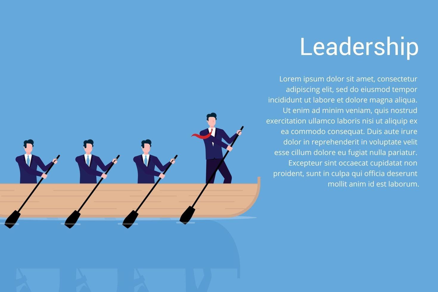 Teamwork with leader in the boat business concept vector illustration flat style design vector illustration isolated on blue background Businessmen working together teamwork and leadership concept