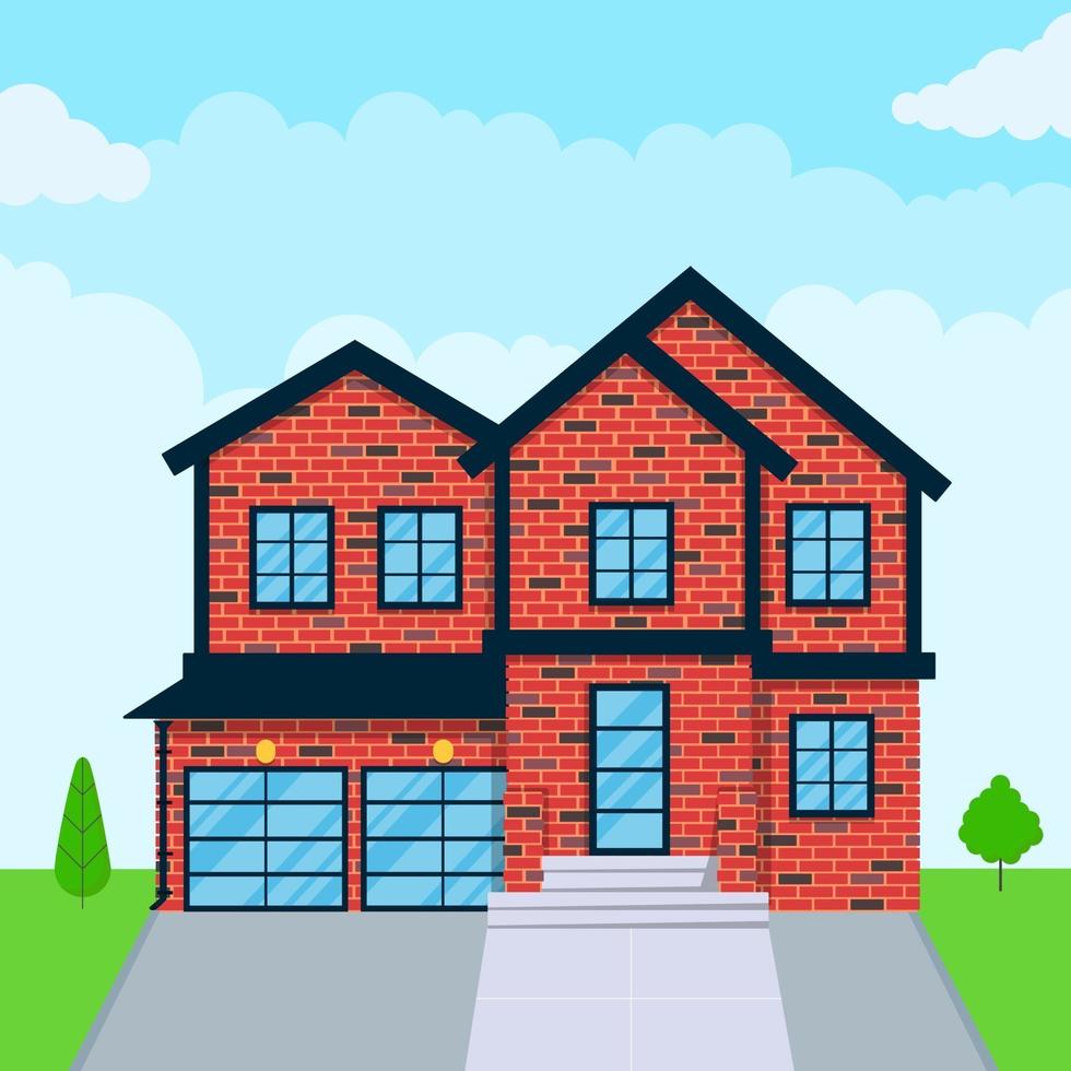 Brick house exterior flat style design vector illustration with roof windows and shadows Classic townhouse apartments Facade green grass and trees Cloudy sky