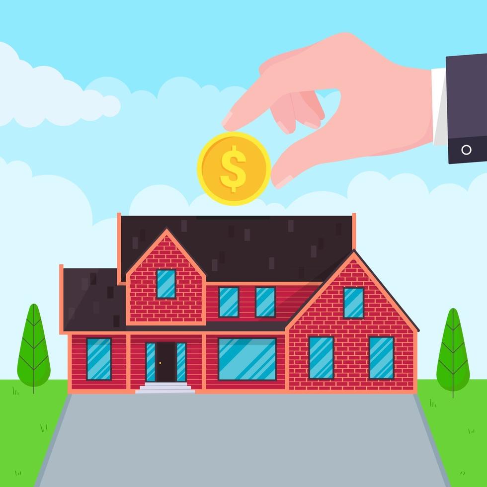 Hand puts coin in the house flat style design vector illustration Piggy bank buying house concept House bank safe investment or loan real estate symbol icon sign Green grass and clouds behind