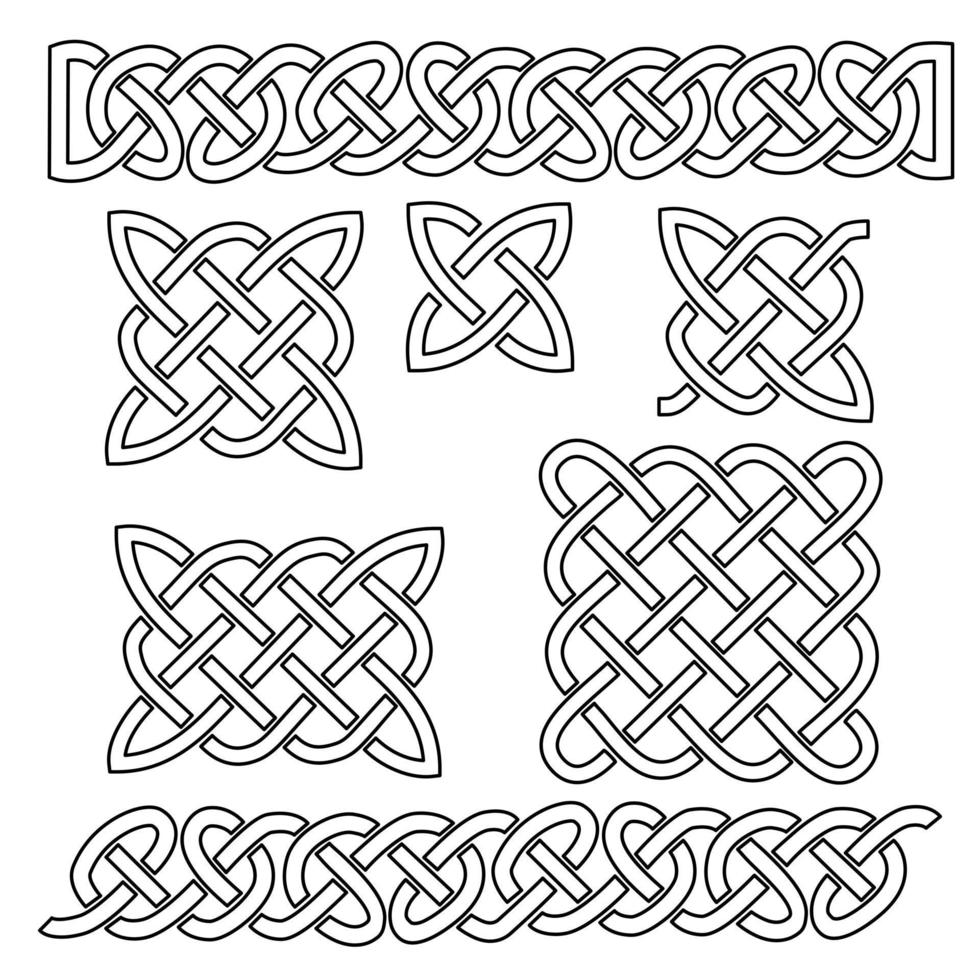 Set of celtic knot patterns and celtic elements on black background Vector illustration white infinite knitted