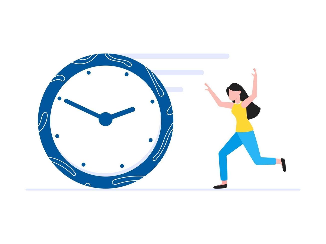 Plantilla de concepto de negocio de gestión del tiempo mujer corriendo después del concepto de fecha límite de reloj vector