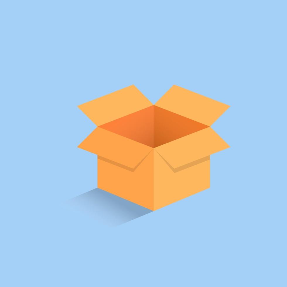 3d empty  isometric cardboard opened box isolated on light blue background vector illustration