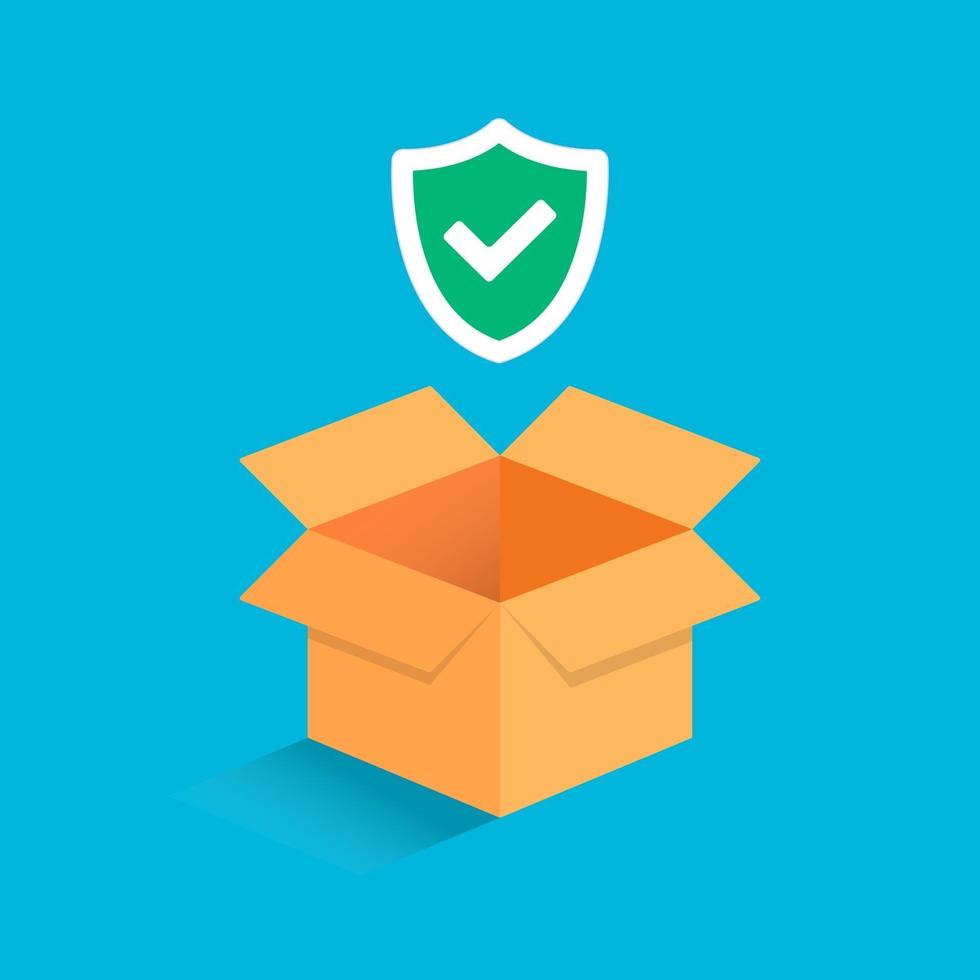 3d empty  isometric cardboard opened box isolated on light blue background  with check mark tick in the shield sign icon Symbol of protection guardingship and good delivery vector illustration