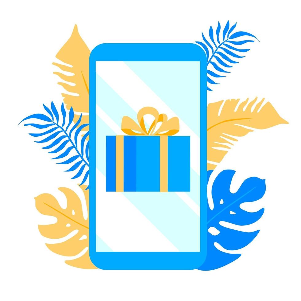 Smartphone with gift on the screen and plants behing vector