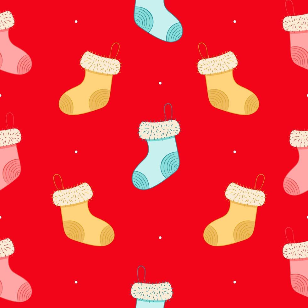 Seamless pattern with christmas socks on red background vector