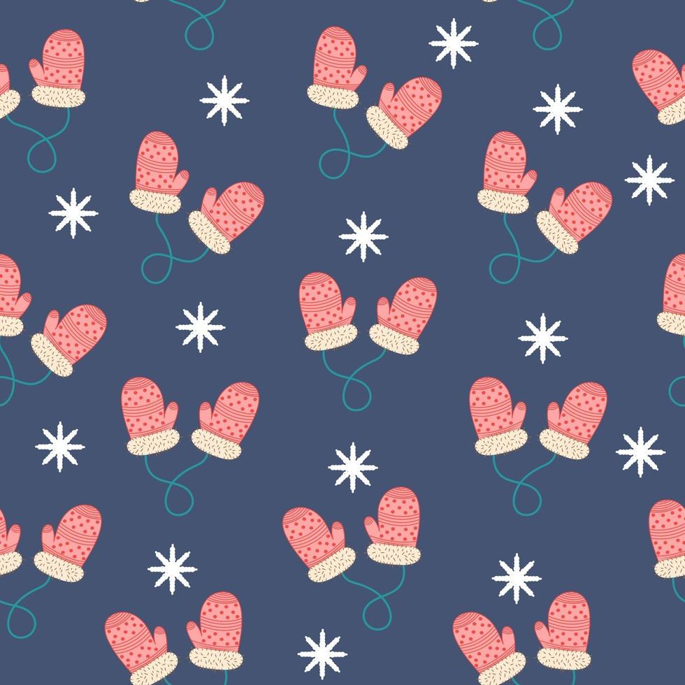 Pattern with christmas mittens and snow on blue background vector