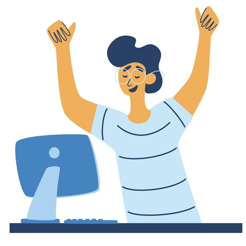 chico feliz en la computadora de mesa, personaje de vector de empleado exitoso.