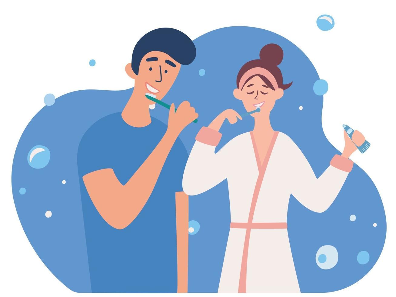 Young Couple brushing teeth together. Boyfriend and girlfriend in bathroom together. vector