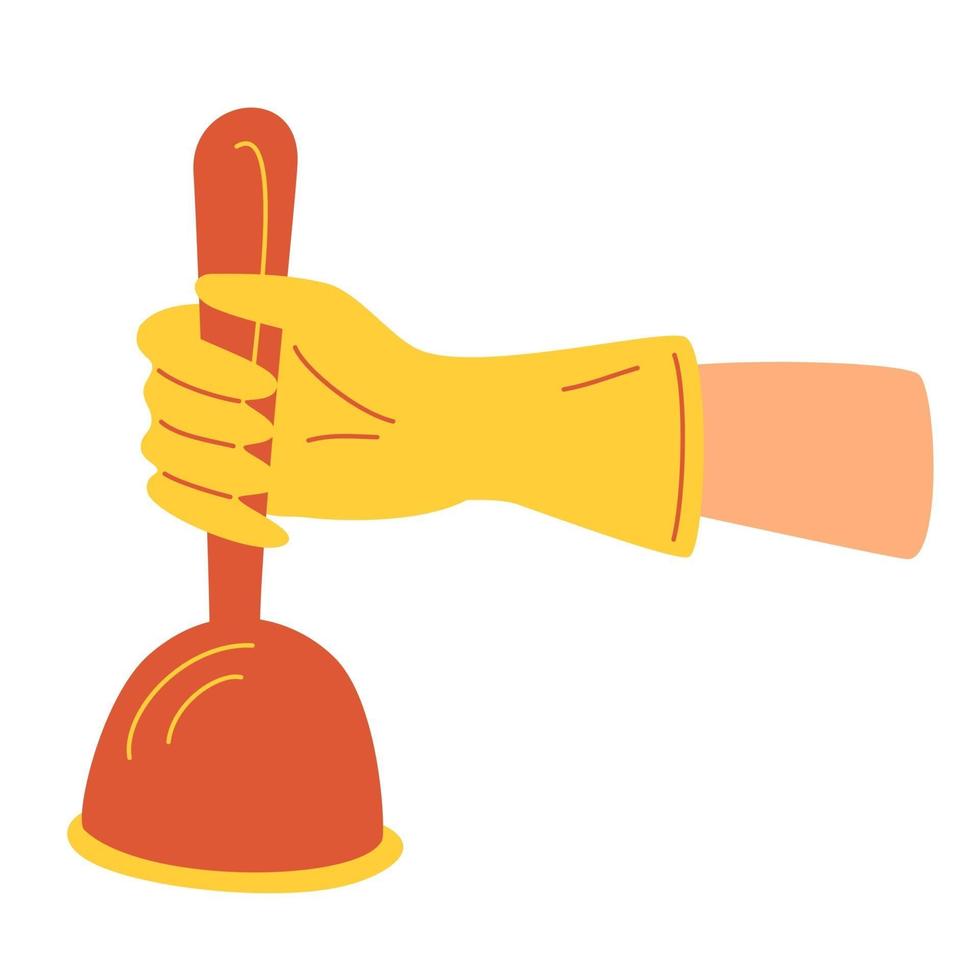 Hand in rubber glove holding plunger for clean toilet. Plumber in uniform cleans sewer. vector