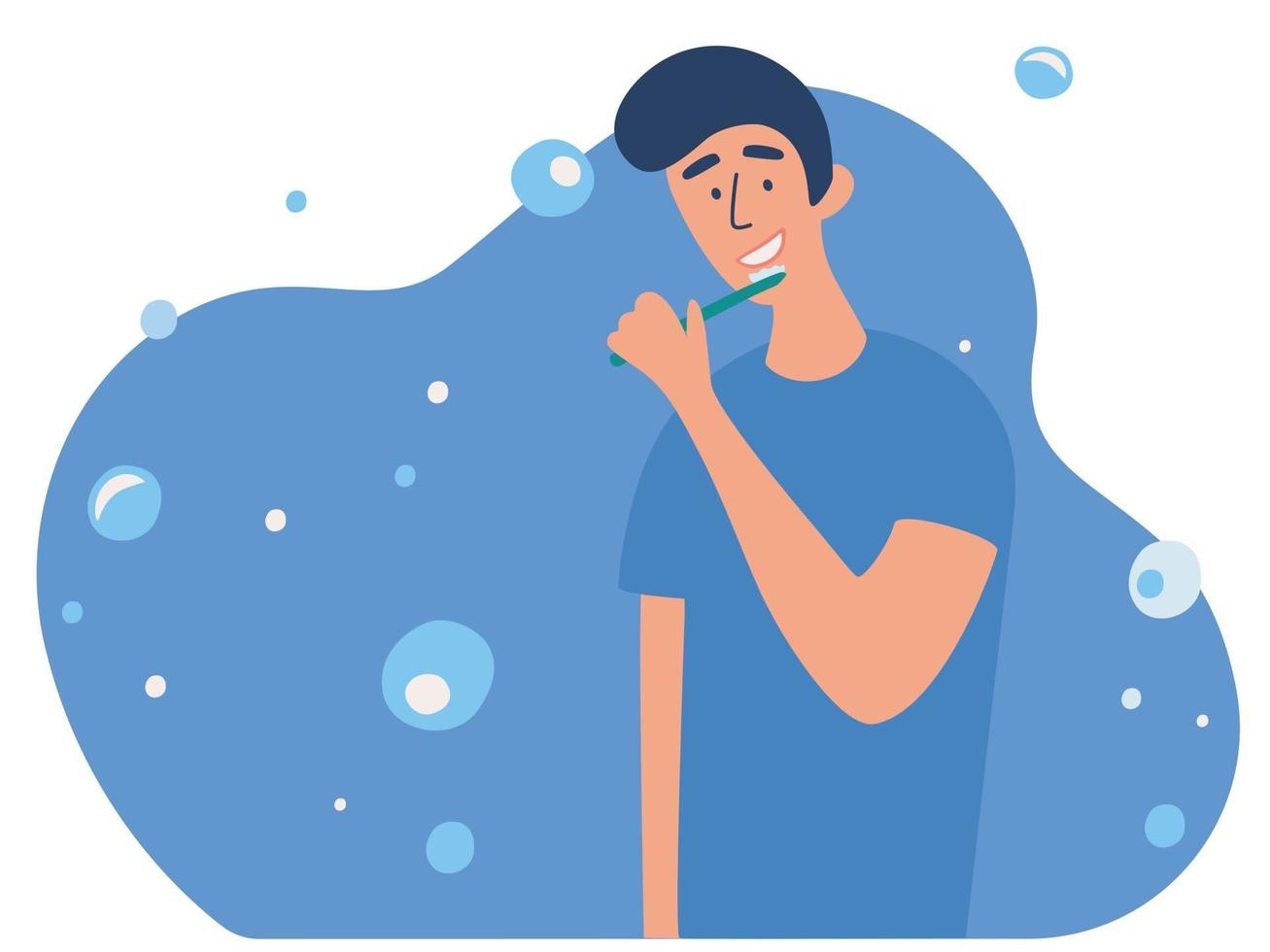 Young man brushing his teeth with toothbrush. Daily morning routine, oral or dental hygiene procedure. vector