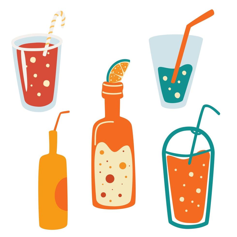 Set of summer drinks. Vector set of soft Drinks in Cans. Summer vacation and beach party.