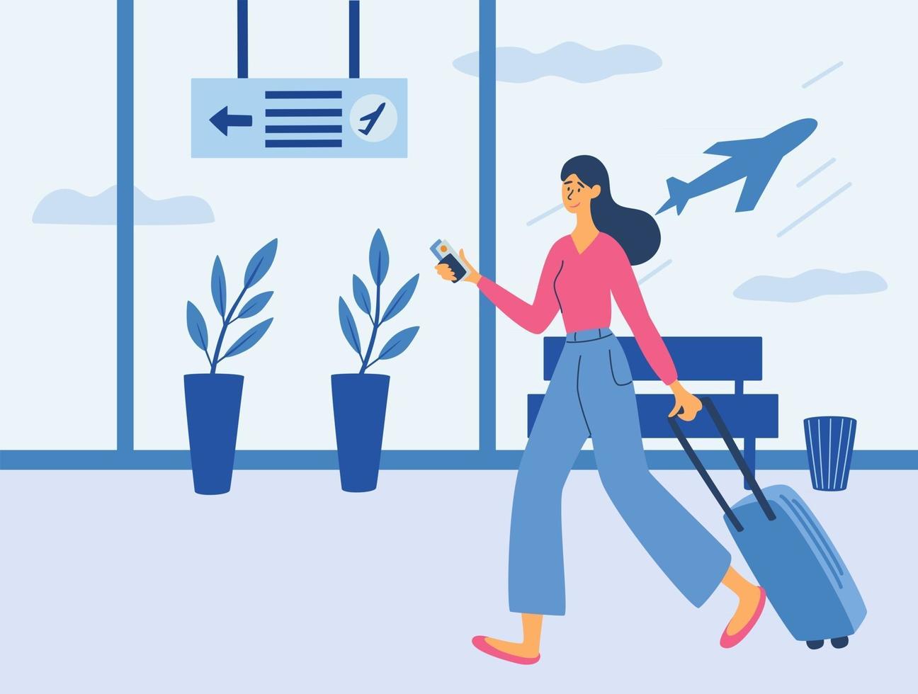 Young woman with a suitcase in airport. Airport terminal. Time to Travel. Woman with a suitcase. vector