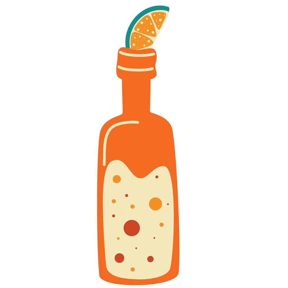 Bottle of lemonade and a slice of lemon. Hand drawn cocktails vector illustration. Fresh lemonade in bottles.