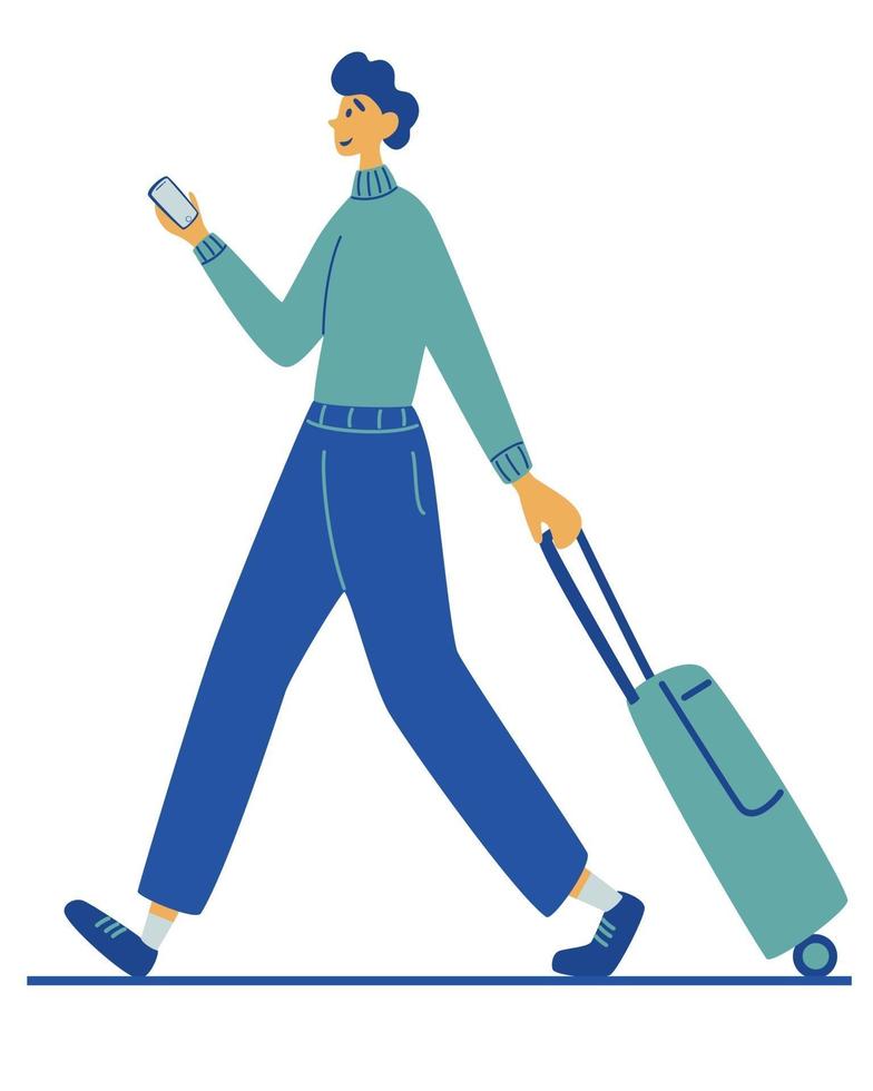 Man carries suitcase. Travel, vacation, adventure. Recreation and tourism. vector