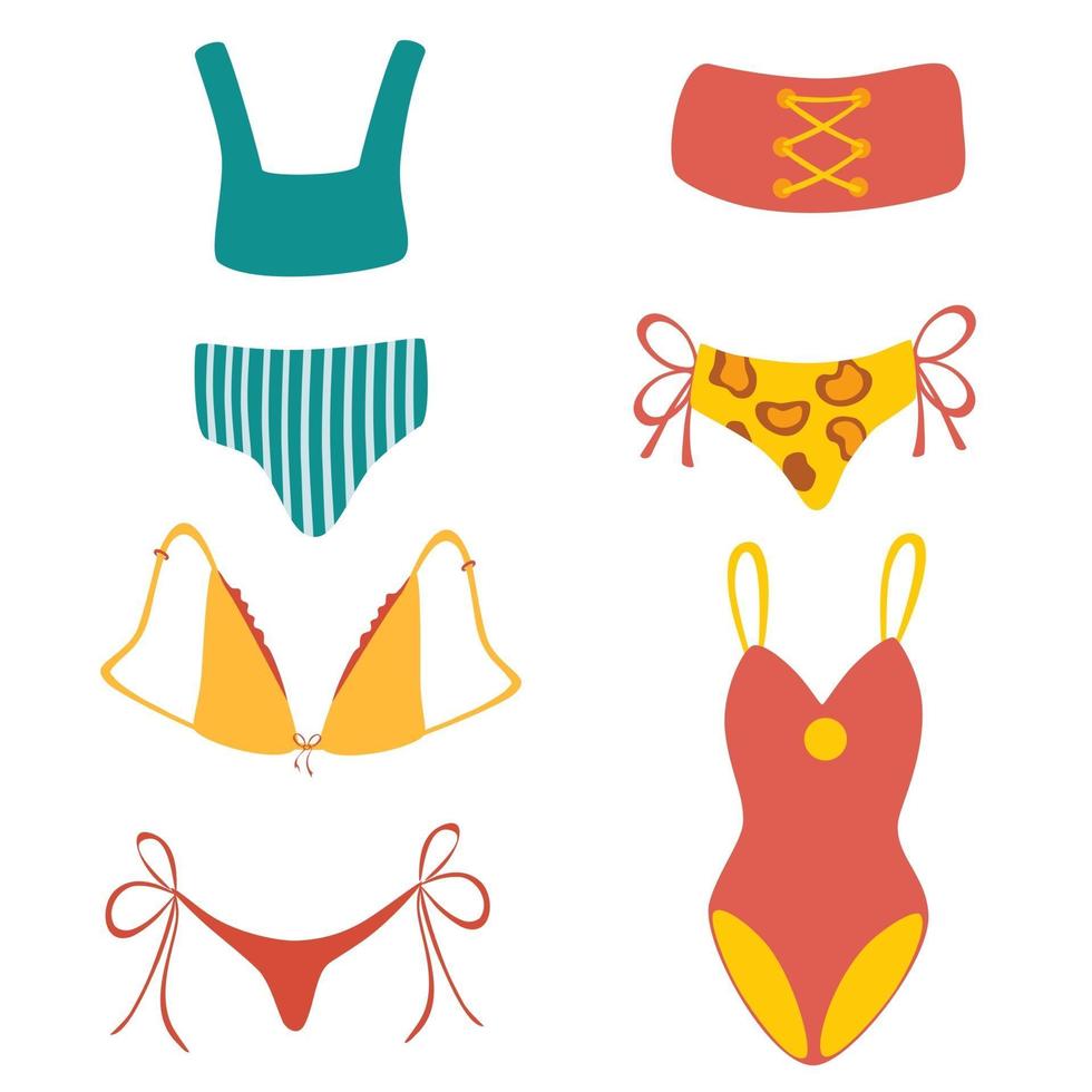 Collection of stylish women's swimwear. Set of fashionable underwear and swimsuits or bikini tops and bottoms. vector