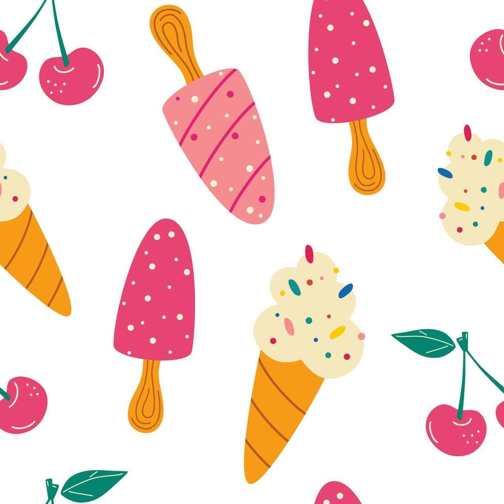 Seamless pattern with ice cream. Summer pattern, sweet desserts, cherry. vector