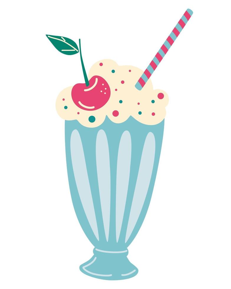 Milkshake with whipped cream and cherry. Smoothie, cocktail. Vector illustration of old fashioned milkshake cocktail with whipped cream and cherry on top.