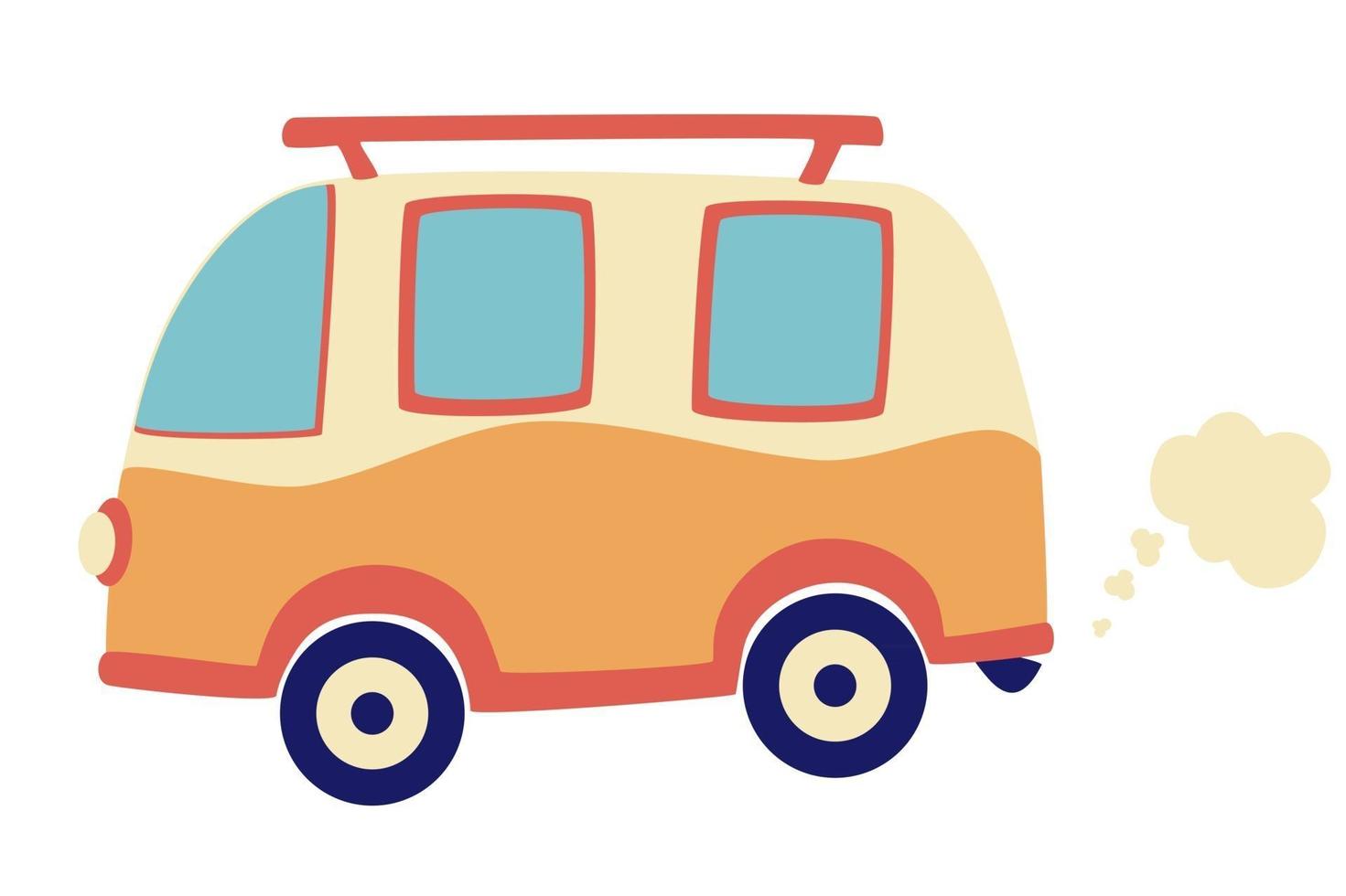 Cartoon Camper bus. Retro car. Travel omnibus family summertime holidays. Vacation poster concept. vector