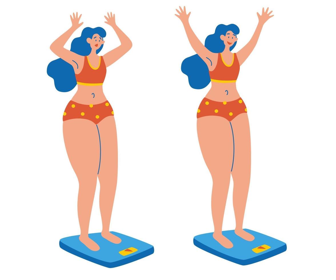 Woman on scale sad and happy. Two girls stand on the scales. Weight loss ideas. vector