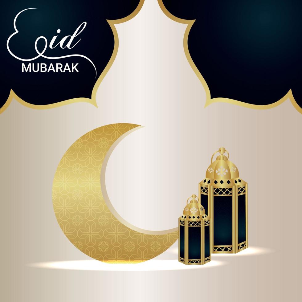 Realistic islamic festival eid mubarak golden pattern moon and lantern vector