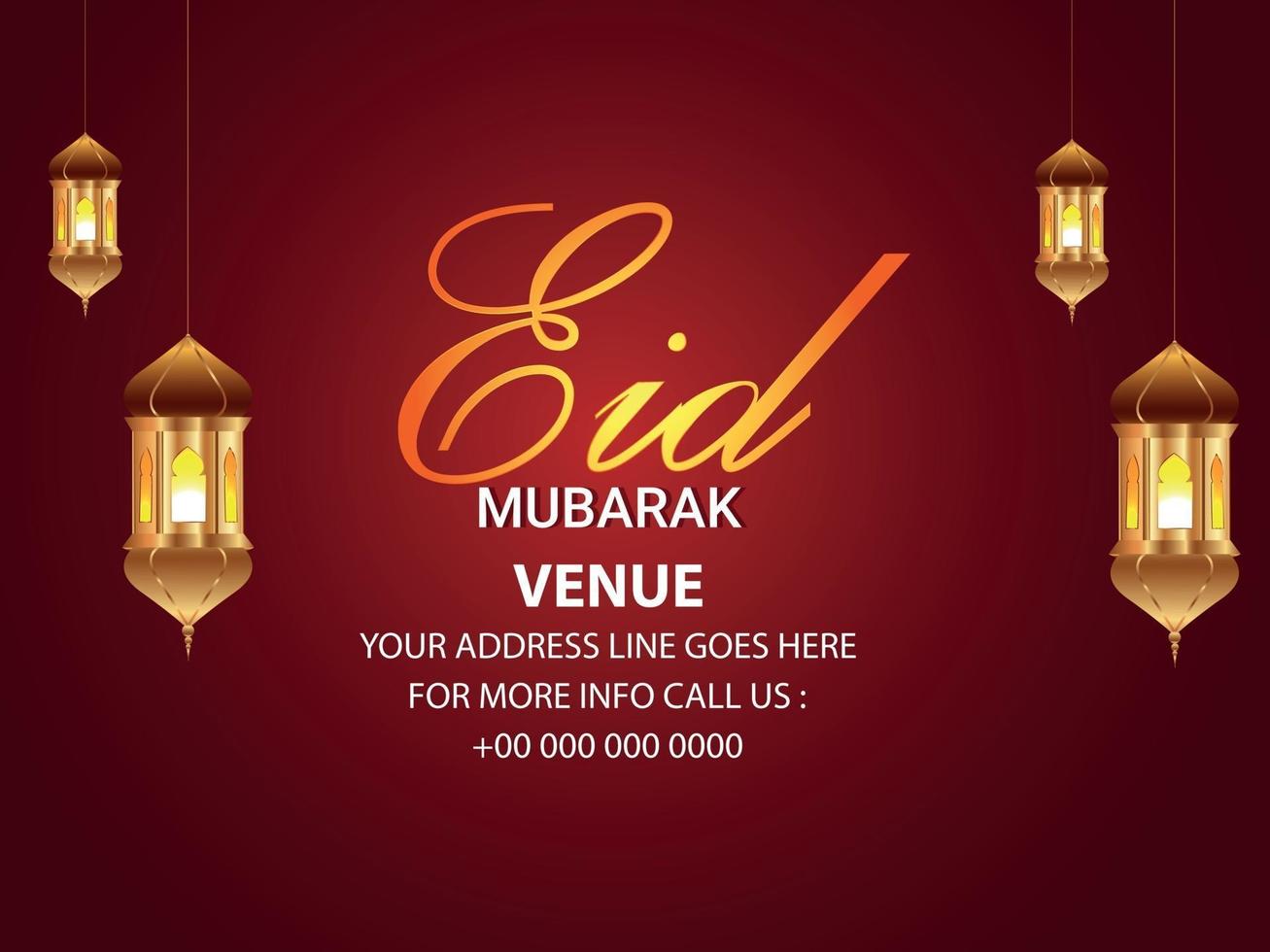 Eid mubarak realistic greeting card with golden lantern vector