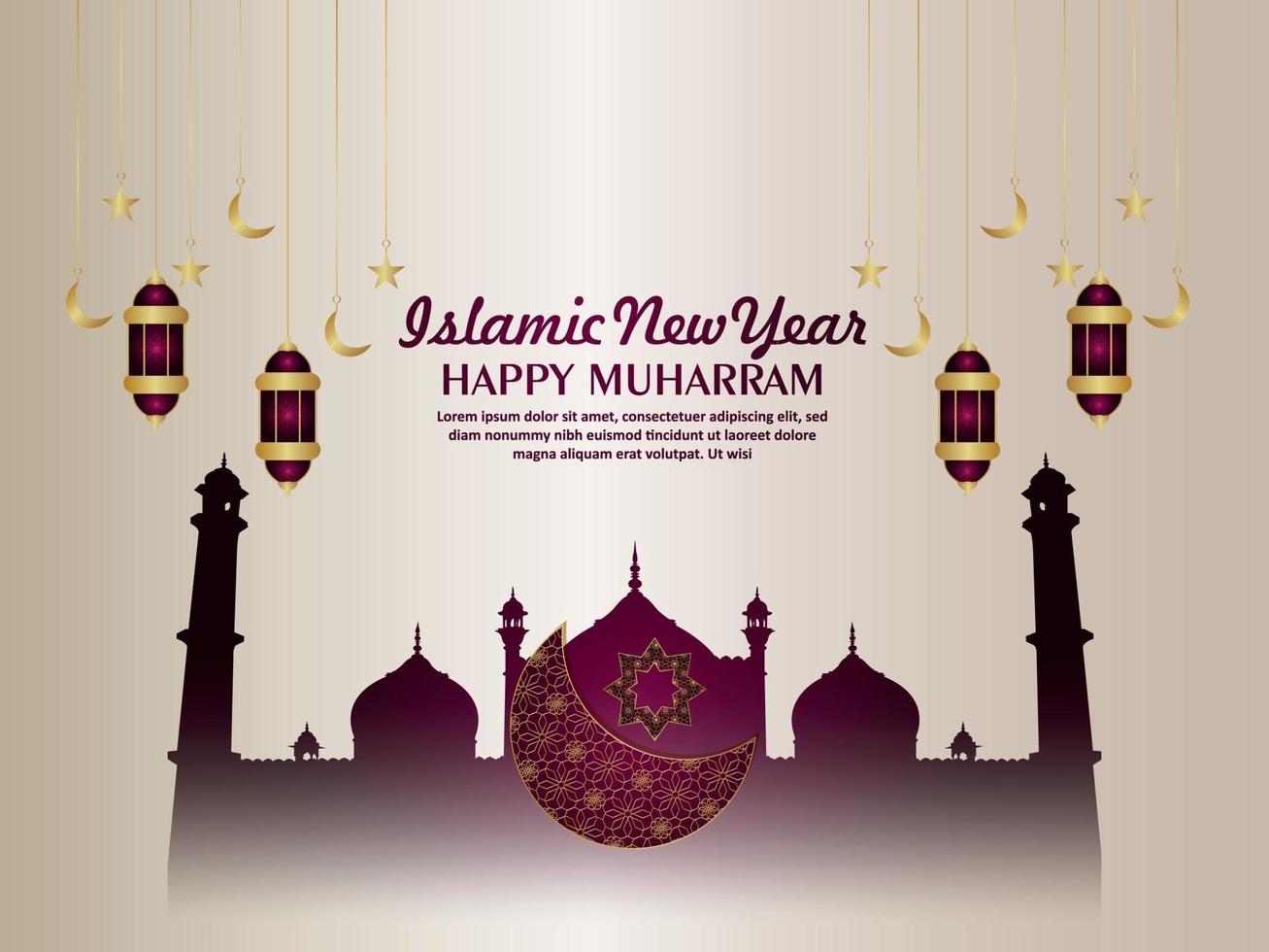 Happy muharram islamic new year greeting card with pattern moon and mosque vector