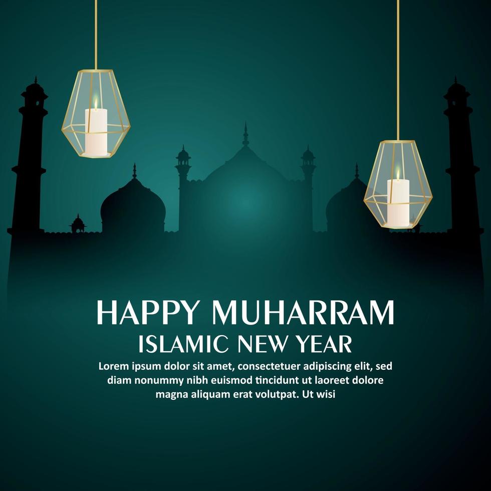 Happy muharram islamic new year background with crystal lantern and mosque vector