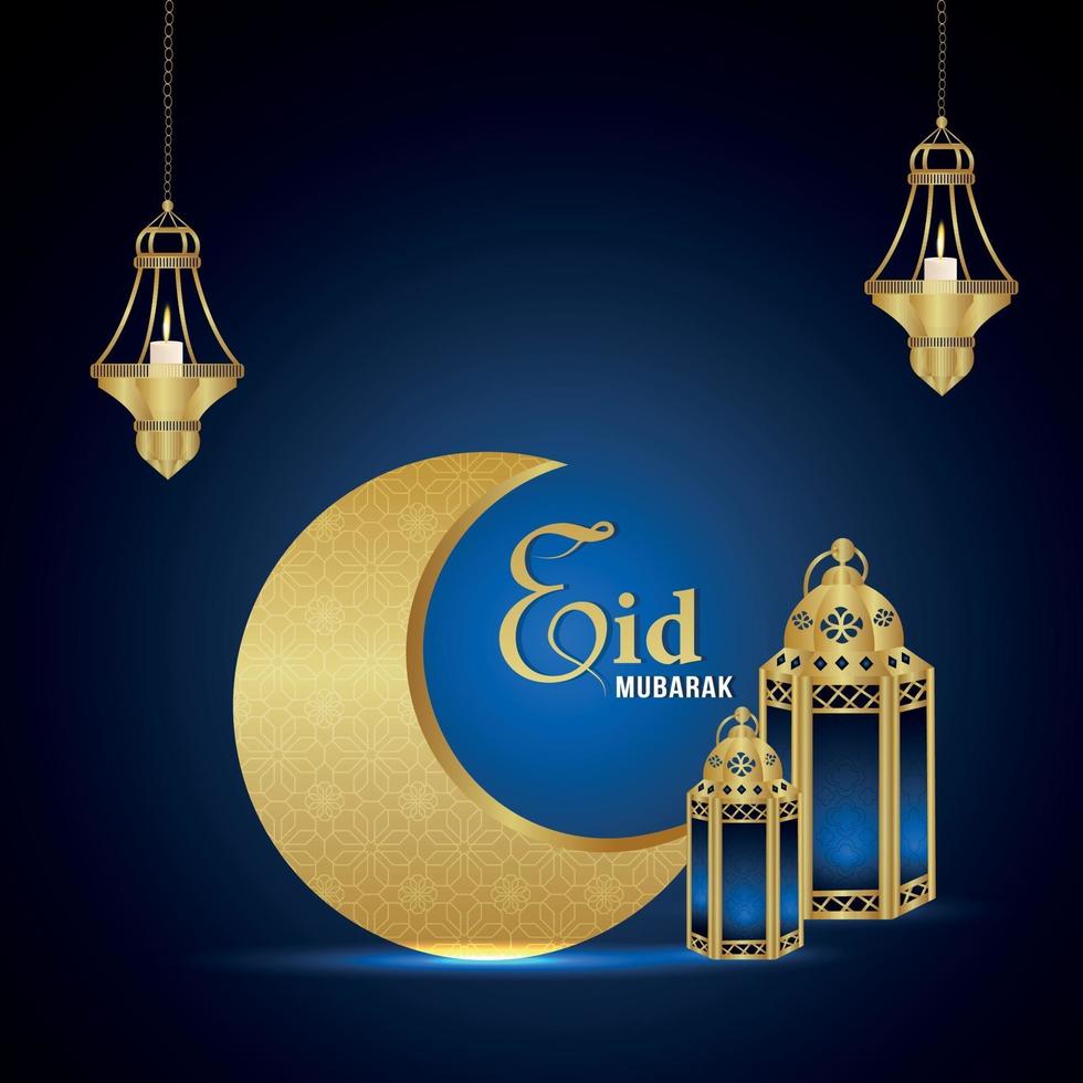 Realistic eid mubarak celebration background with gold pattern moon and lantern vector