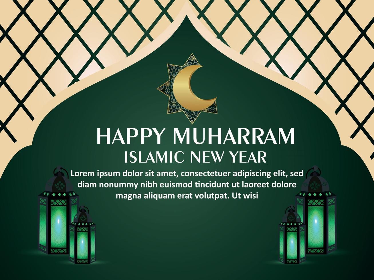 Islamic new year happy muharram invitation greeting card with pattern background vector