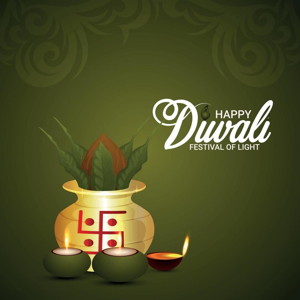 Happy diwali indian festival celebration pattern background with kalash and diwali diya vector