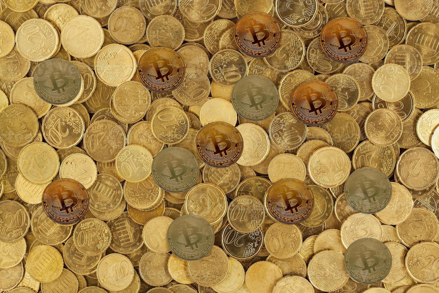 Cryptocurrency coins on table and digital currency money concept photo