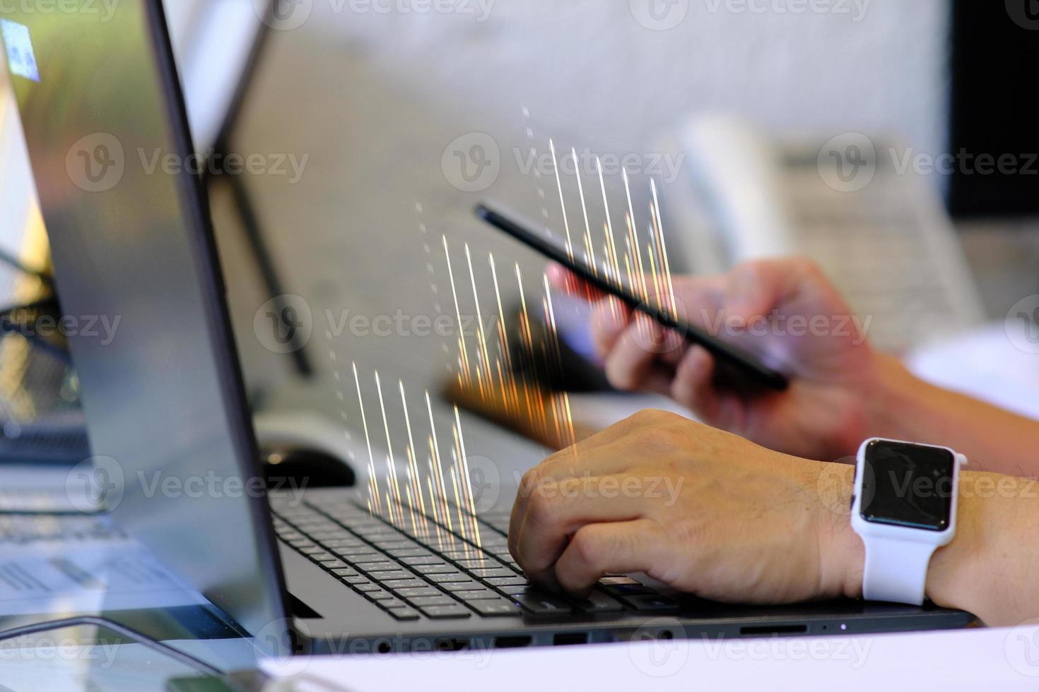 Person working on laptop computer and business analytics intelligence concept photo