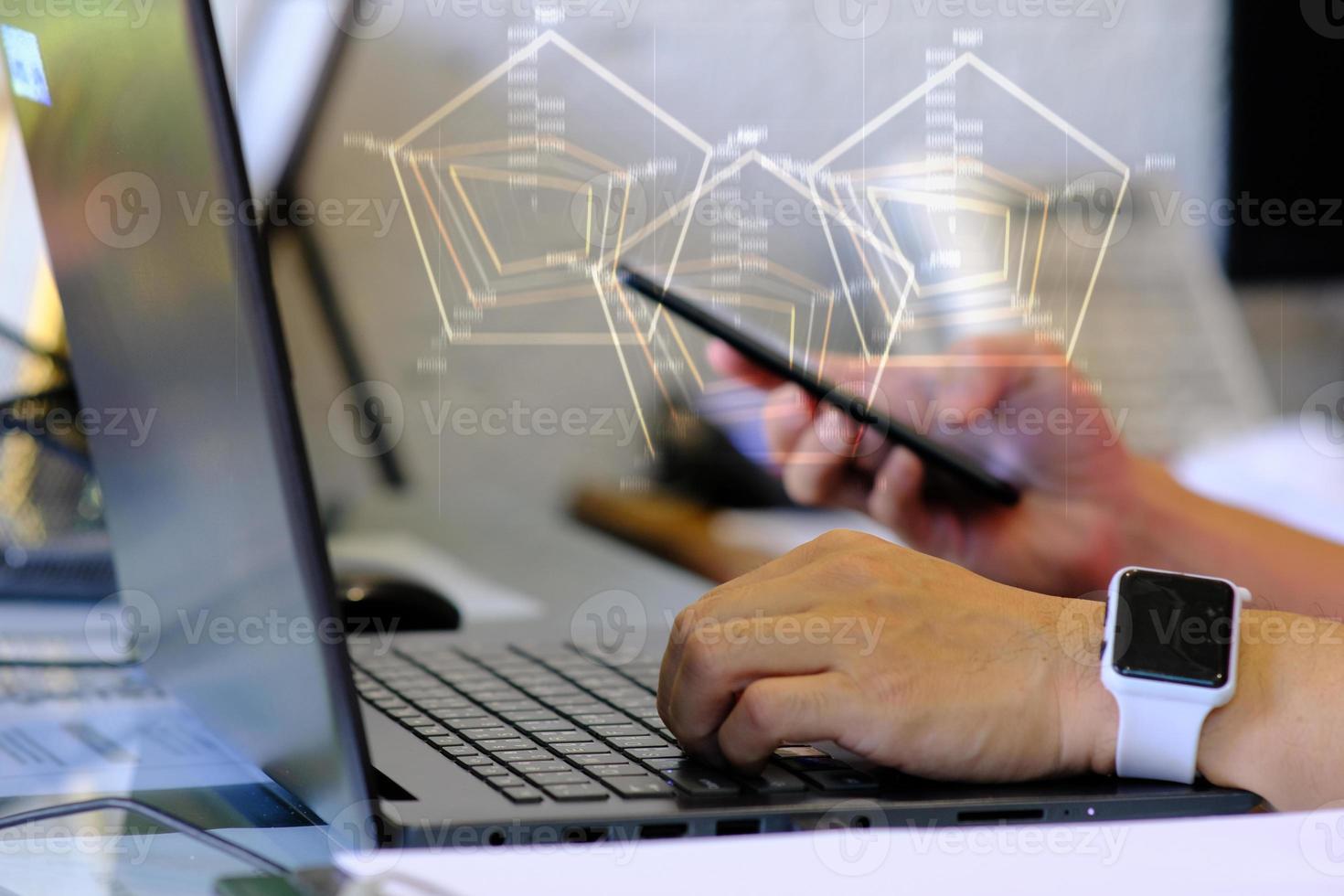 Person working on laptop computer and business analytics intelligence concept photo