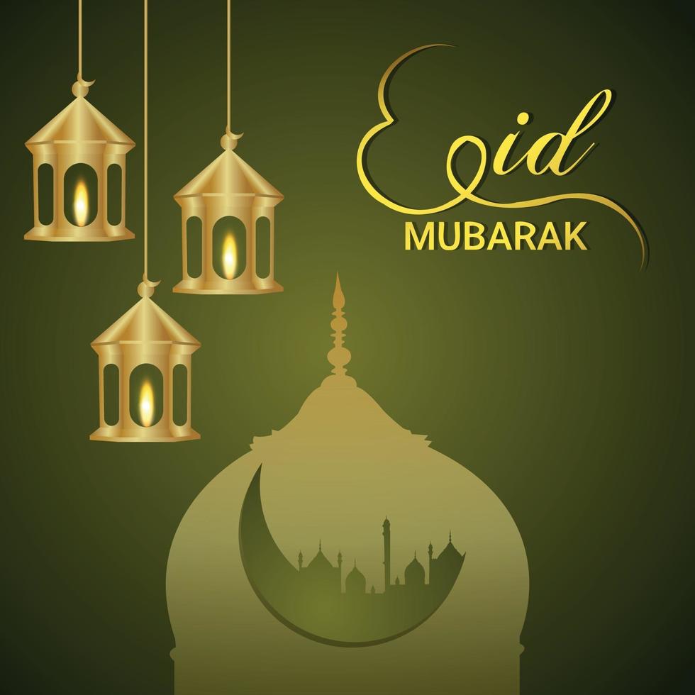 Eid mubarak islamic festival celebration greeting card with golden lantern vector