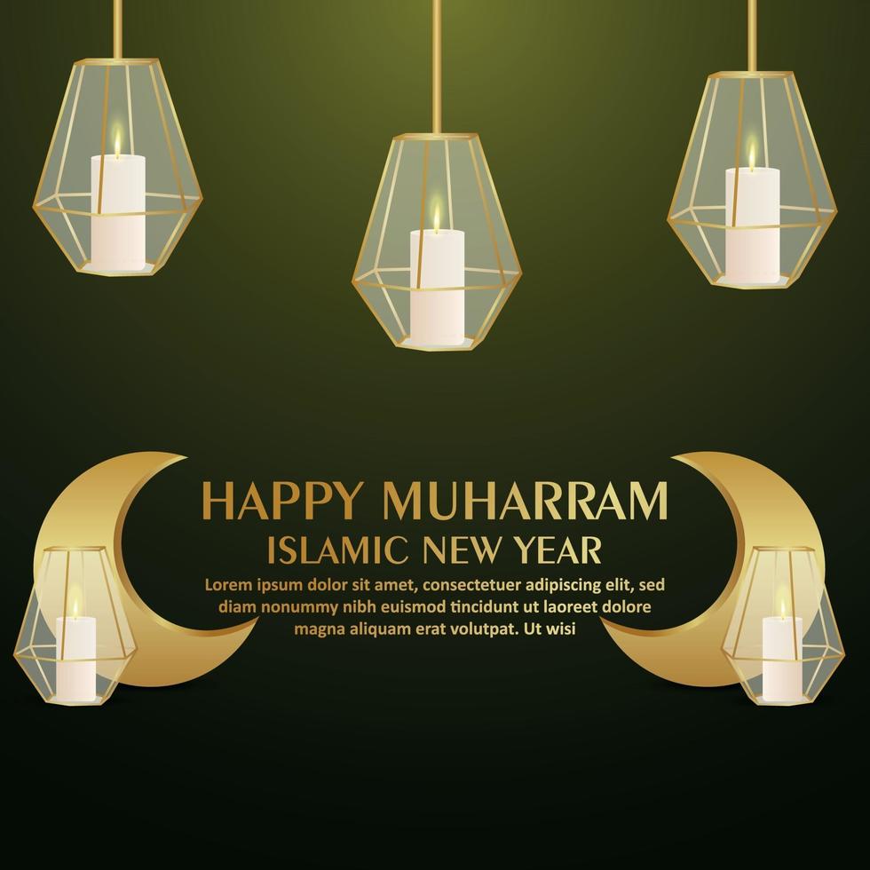 Happy muharram islamic new year with crystal lantern and golden moon vector