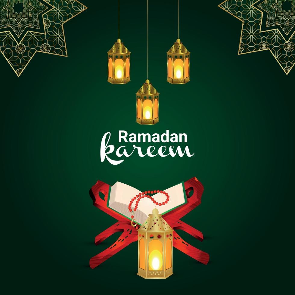 Ramadan kareem invitation greeting card with golden arabic pattern lantern vector