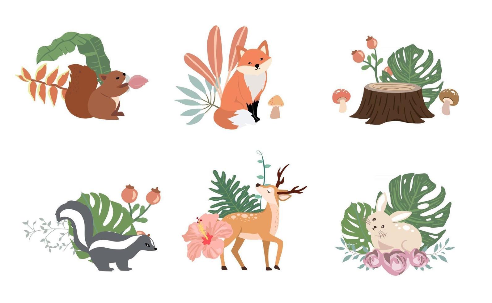 linda colección de objetos del bosque con animales vector