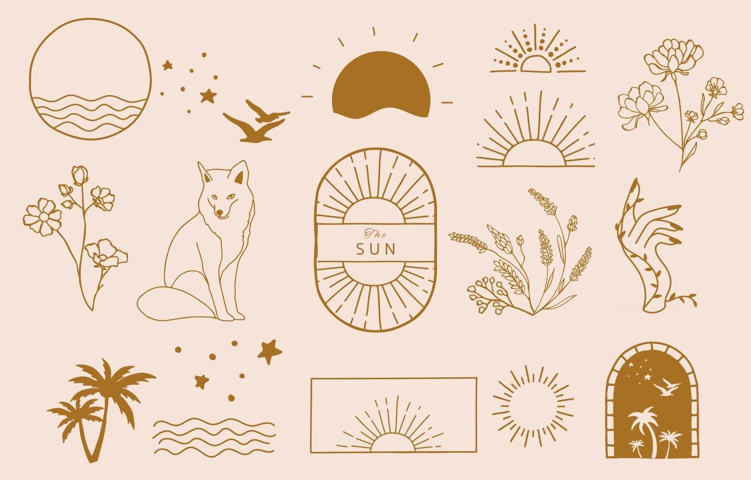 Collection of line design with sun,sea,wave.Editable vector illustration for website, sticker, tattoo,icon